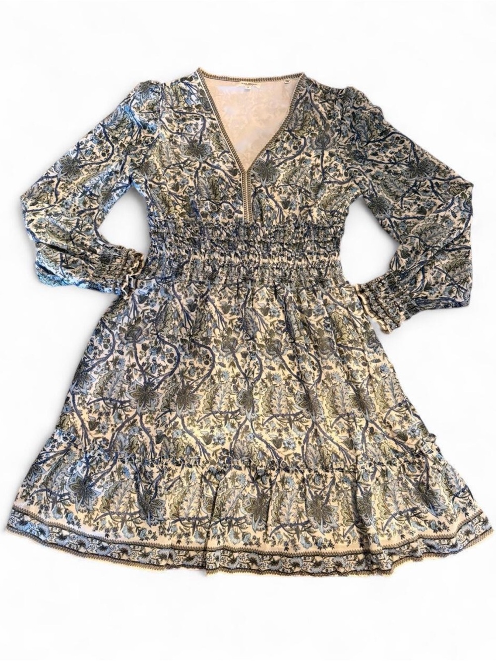 Max Studio Floral V-Neck Smocked Waist Dress - Cream & Blue